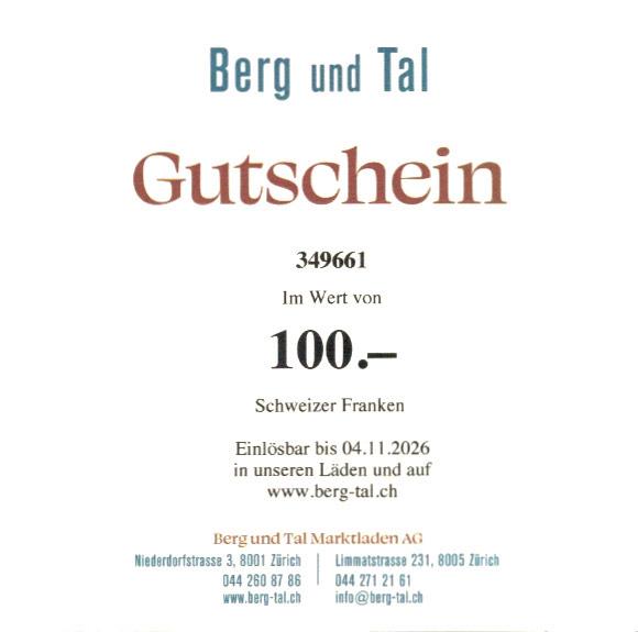 Berg und Tal Gutschein 100 Franken