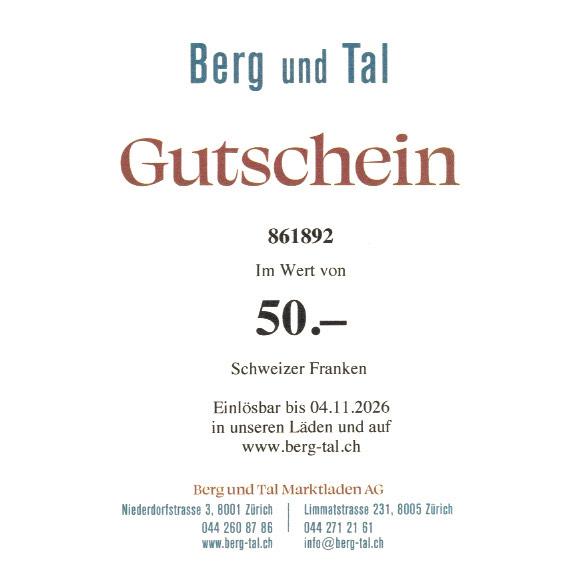 Berg und Tal Gutschein 50 Franken