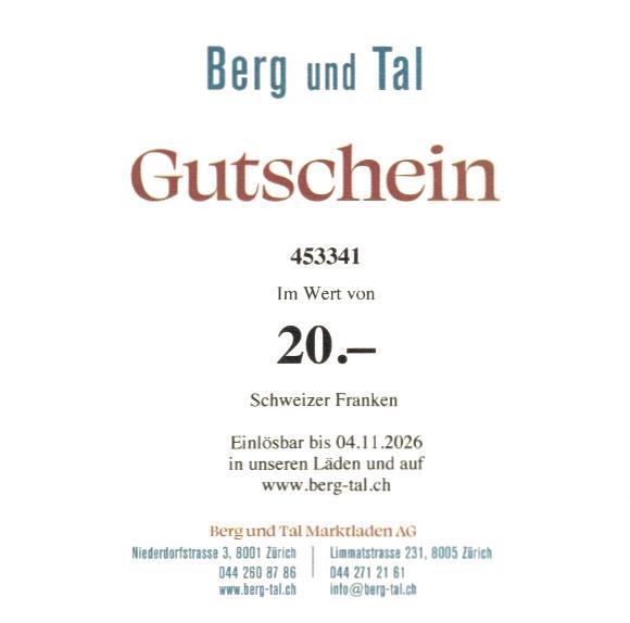 Berg und Tal Gutschein CHF 20